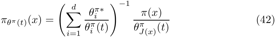 \begin{equation} \pi_{\ebindospi(t)}(x) = \left(\sum_{i =1}^d \frac{\bindospi{i}}{\ebindospi{i}(t)}\right)^{-1} \frac{\pi(x) }{\ebindospi{J(x)}(t)} \end{equation}